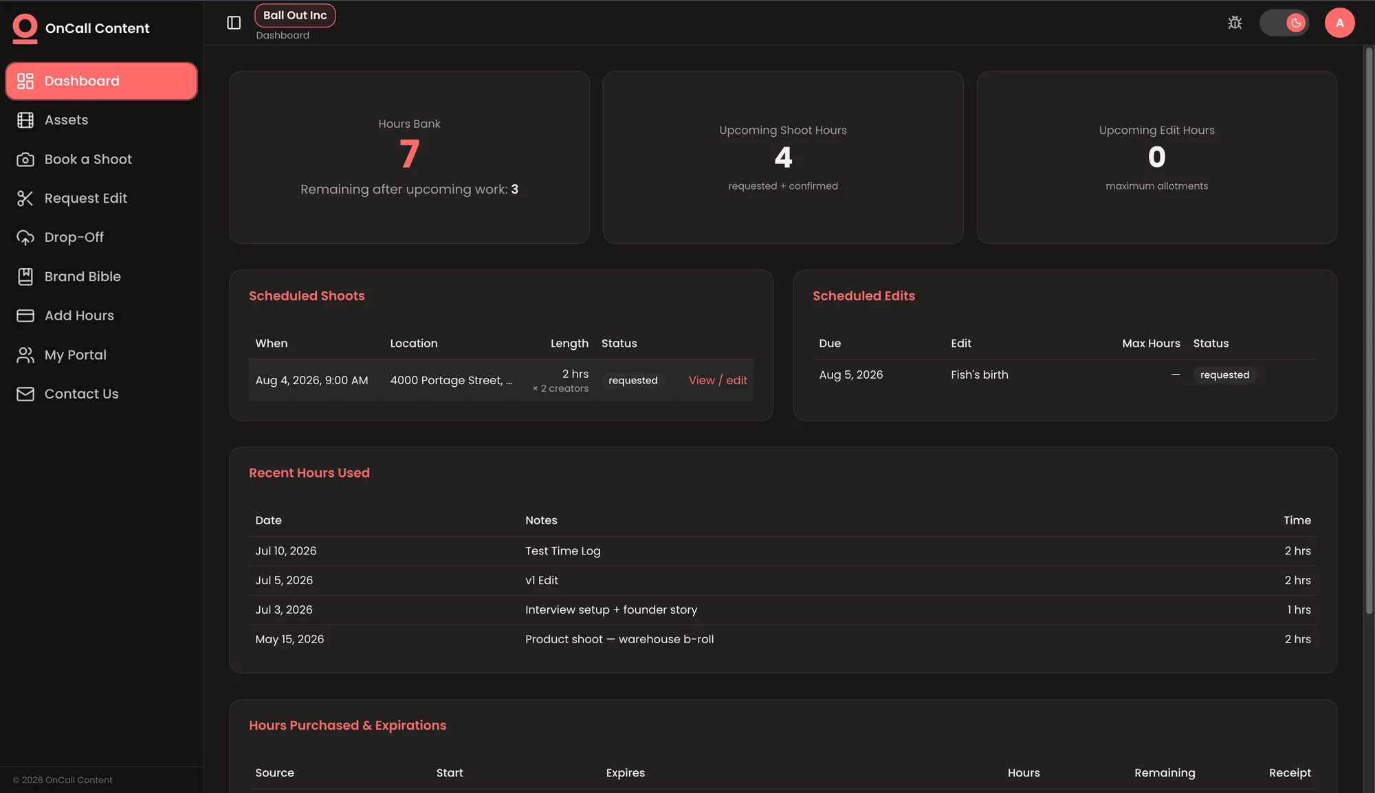 The OnCall member portal — Dashboard
